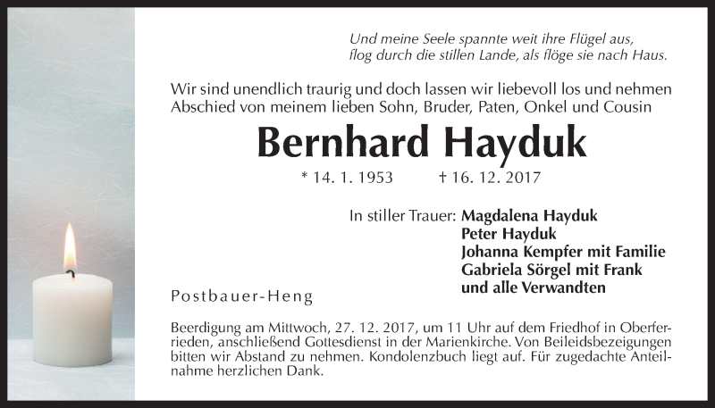  Traueranzeige für Bernhard Hayduk vom 23.12.2017 aus Der Bote