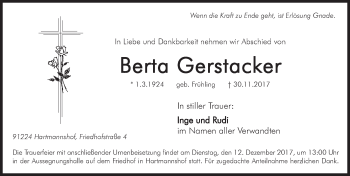 Traueranzeige von Berta Gerstacker von Hersbrucker Zeitung