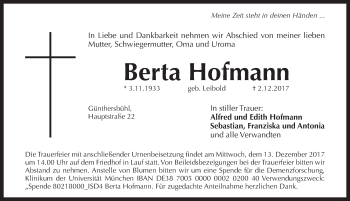 Traueranzeige von Berta Hofmann von Pegnitz-Zeitung