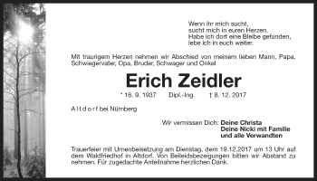 Traueranzeige von Erich Zeidler von Der Bote