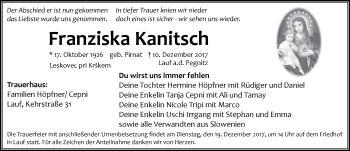 Traueranzeige von Franziska Kanitsch von Pegnitz-Zeitung