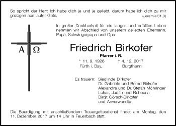 Traueranzeige von Friedrich Birkofer von Der Bote