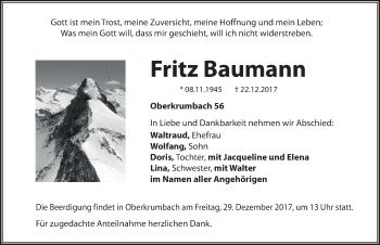 Traueranzeige von Fritz Baumann von Hersbrucker Zeitung