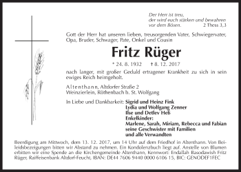 Traueranzeige von Fritz Rüger von Der Bote