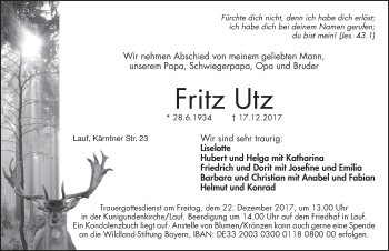 Traueranzeige von Fritz Utz von Pegnitz-Zeitung