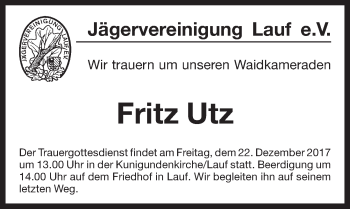 Traueranzeige von Fritz Utz von Pegnitz-Zeitung