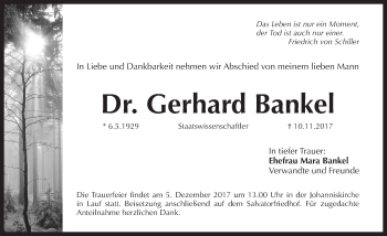 Traueranzeige von Gerhard Bankel von Pegnitz-Zeitung
