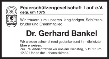 Traueranzeige von Gerhard Bankel von Pegnitz-Zeitung