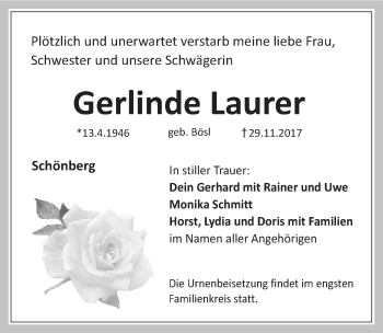 Traueranzeige von Gerlinde Laurer von Pegnitz-Zeitung