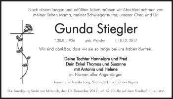 Traueranzeige von Gunda Stiegler von Pegnitz-Zeitung