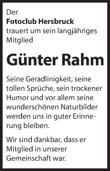 Traueranzeige von Günter Rahm von Hersbrucker Zeitung