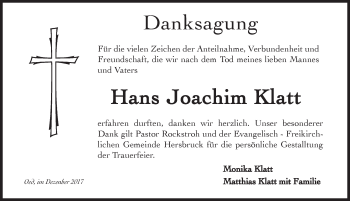 Traueranzeige von Hans Joachim Klatt von Hersbrucker Zeitung