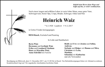 Traueranzeige von Heinrich Waiz von Der Bote