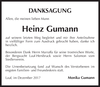 Traueranzeige von Heinz Gumann von Pegnitz-Zeitung