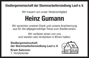 Traueranzeige von Heinz Gumann von Pegnitz-Zeitung