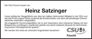 Traueranzeige von Heinz Satzinger von Der Bote