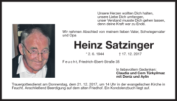 Traueranzeige von Heinz Satzinger von Der Bote