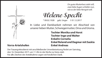 Traueranzeige von Helene Specht von Hersbrucker Zeitung