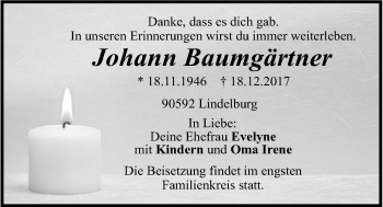 Traueranzeige von Johann Baumgärtner von Der Bote