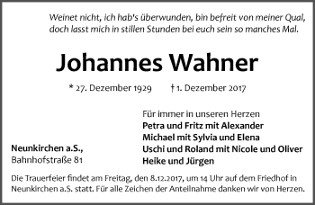 Traueranzeige von Johannes Wahner von Pegnitz-Zeitung