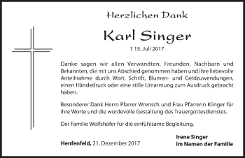Traueranzeige von Karl Singer von Hersbrucker Zeitung