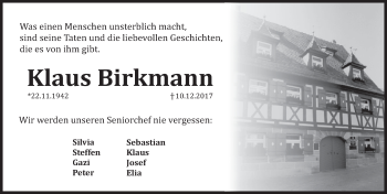 Traueranzeige von Klaus Birkmann von Pegnitz-Zeitung