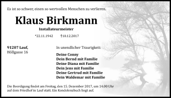 Traueranzeige von Klaus Birkmann von Pegnitz-Zeitung