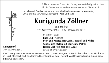 Traueranzeige von Kunigunda Zöllner von Pegnitz-Zeitung