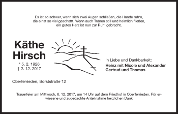 Traueranzeige von Käthe Hirsch von Der Bote