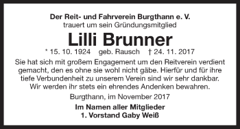 Traueranzeige von Lilli Brunner von Der Bote
