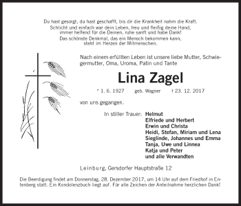 Traueranzeige von Lina Zagel von Der Bote