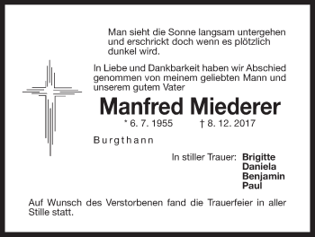 Traueranzeige von Manfred Miederer von Der Bote