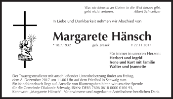 Traueranzeige von Margarete Hänsch von Pegnitz-Zeitung