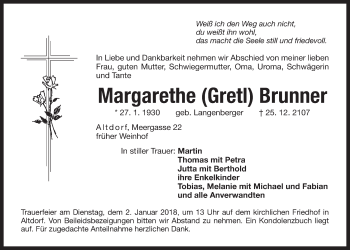 Traueranzeige von Margarethe Brunner von Der Bote