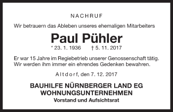 Traueranzeige von Paul Pühler von Der Bote