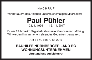 Traueranzeige von Paul Pühler von Pegnitz-Zeitung