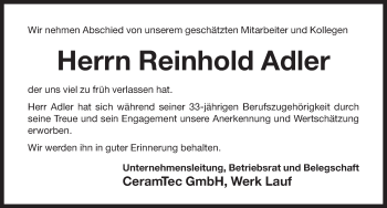 Traueranzeige von Reinhold Adler von Pegnitz-Zeitung