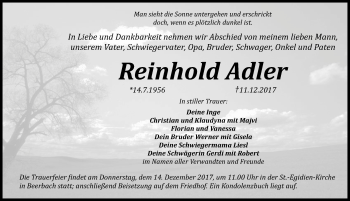 Traueranzeige von Reinhold Adler von Pegnitz-Zeitung
