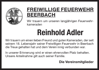 Traueranzeige von Reinhold Adler von Pegnitz-Zeitung