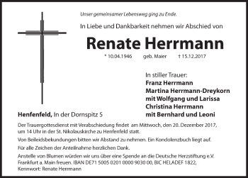 Traueranzeige von Renate Herrmann von Hersbrucker Zeitung