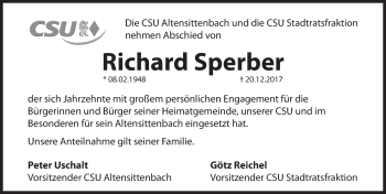 Traueranzeige von Richard Sperber von Hersbrucker Zeitung