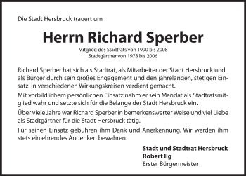 Traueranzeige von Richard Sperber von Hersbrucker Zeitung
