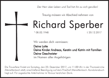 Traueranzeige von Richard Sperber von Hersbrucker Zeitung