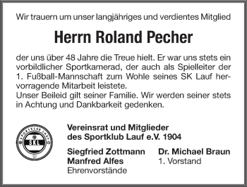 Traueranzeige von Roland Pecher von Pegnitz-Zeitung