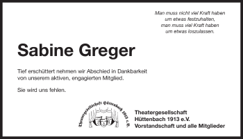 Traueranzeige von Sabine Greger von Pegnitz-Zeitung