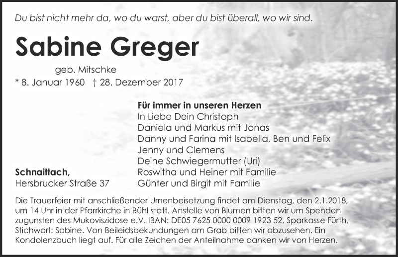  Traueranzeige für Sabine Greger vom 30.12.2017 aus Pegnitz-Zeitung