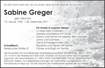 Traueranzeige von Sabine Greger von Pegnitz-Zeitung