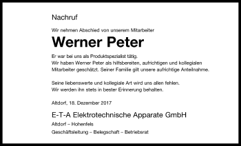 Traueranzeige von Werner Peter von Der Bote