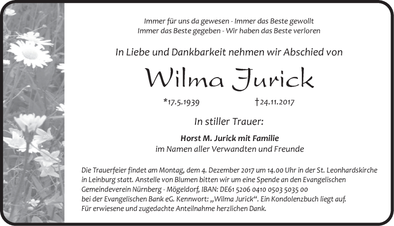 Traueranzeige für Wilma Jurick vom 02.12.2017 aus Pegnitz-Zeitung