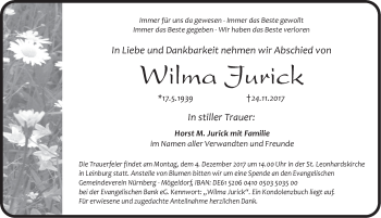 Traueranzeige von Wilma Jurick von Pegnitz-Zeitung